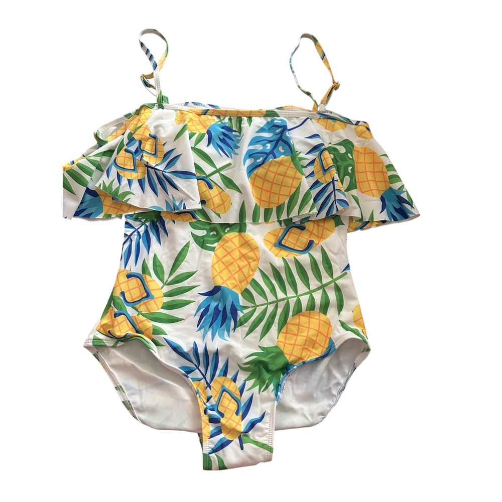 Unbranded Women Tropical Pineapple Ruffle One Piece Swimsuit White Blue Medium